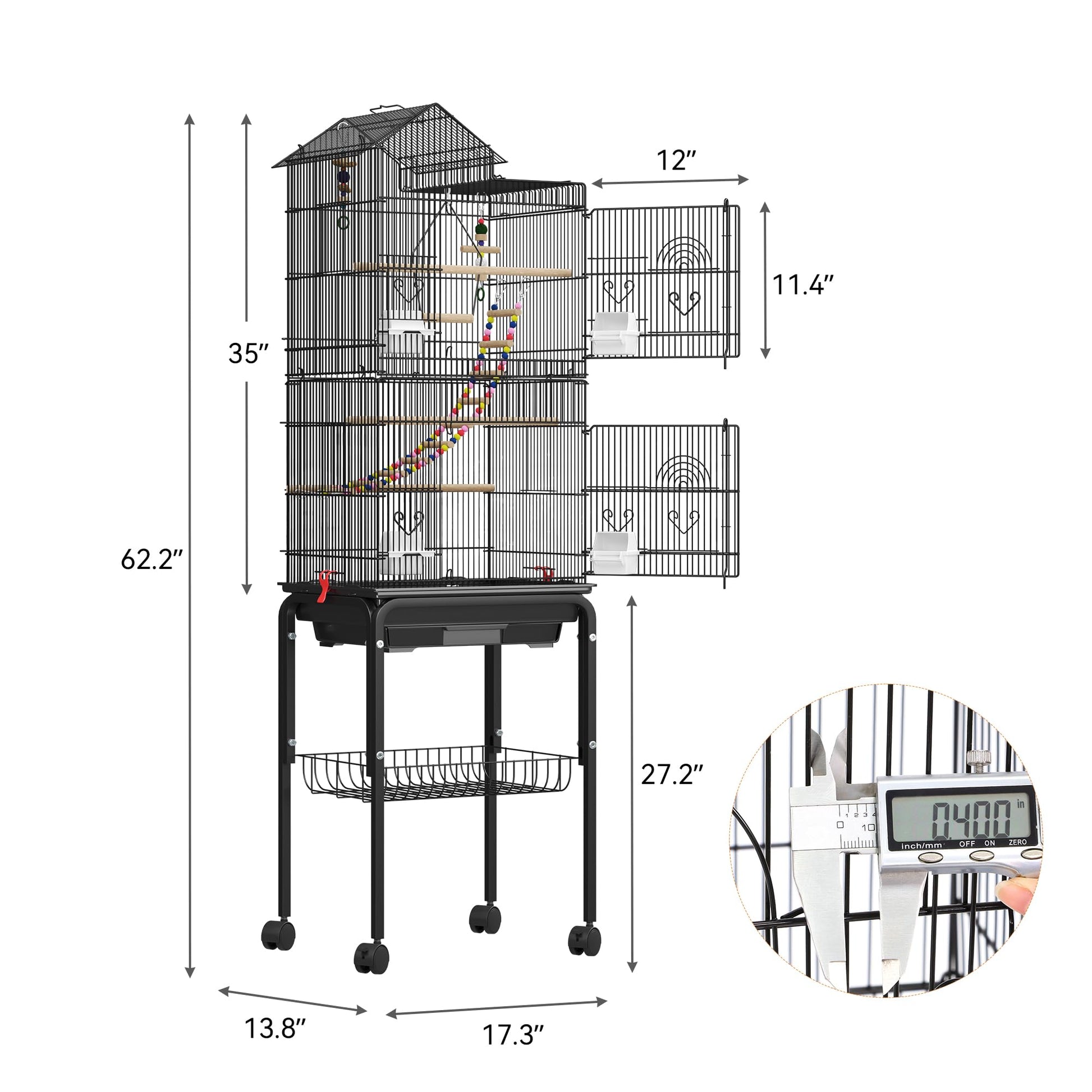 62 Inch Large Bird Cage - Metal Flight Cage with Rolling Stand