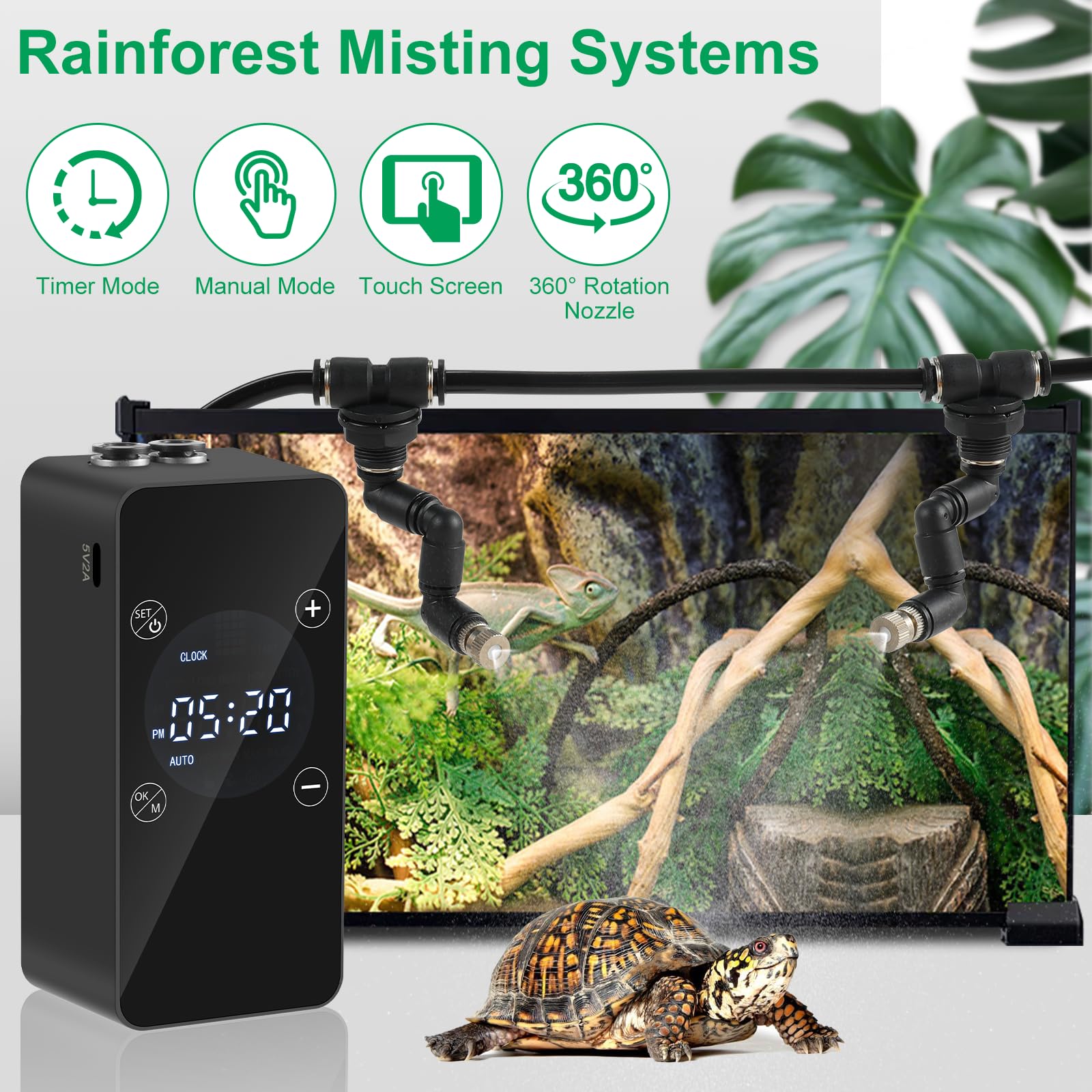 Humidifier for Tanks, Amphibians, and Rainforest Plants with Timer and Manual Spray Functions