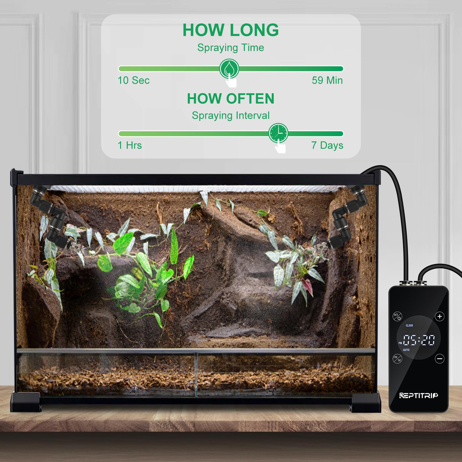 Humidifier for Tanks, Amphibians, and Rainforest Plants with Timer and Manual Spray Functions