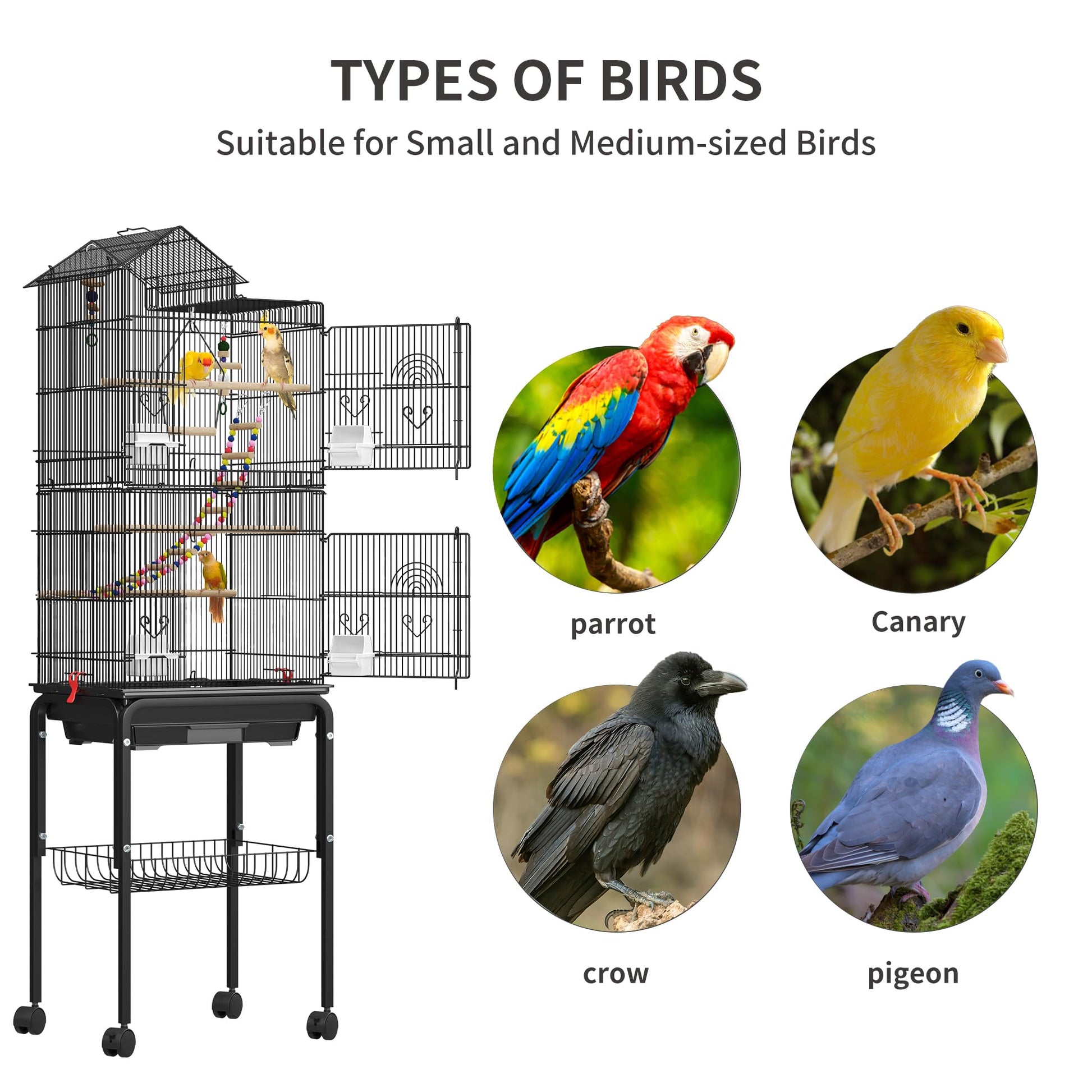 62 Inch Large Bird Cage - Metal Flight Cage with Rolling Stand