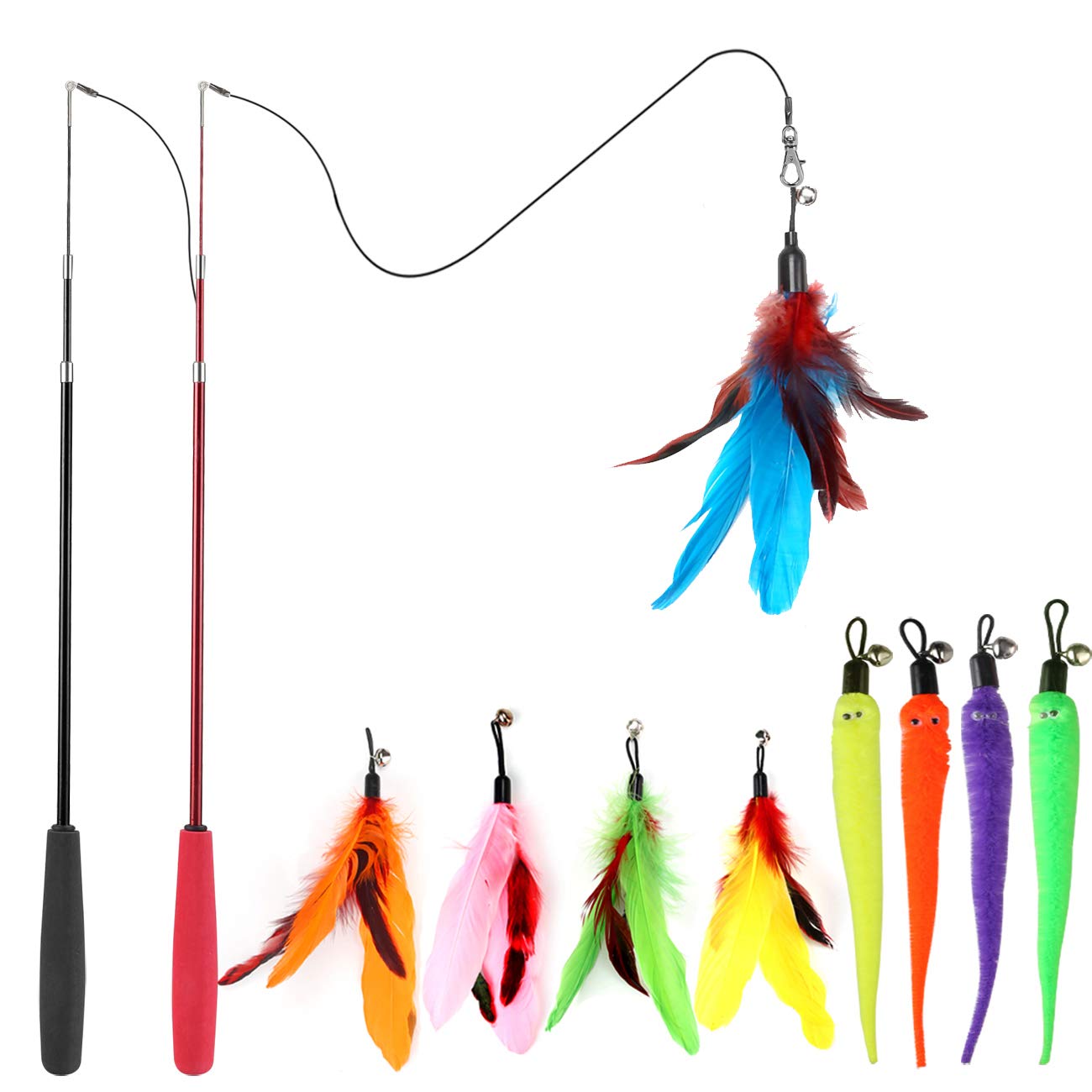 Interactive Cat Toys - Retractable Wand Toy and Feather Toys