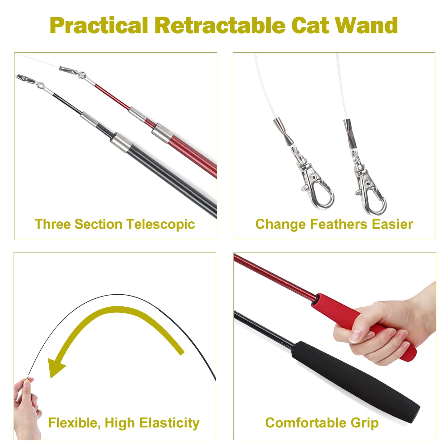 Interactive Cat Toys - Retractable Wand Toy and Feather Toys