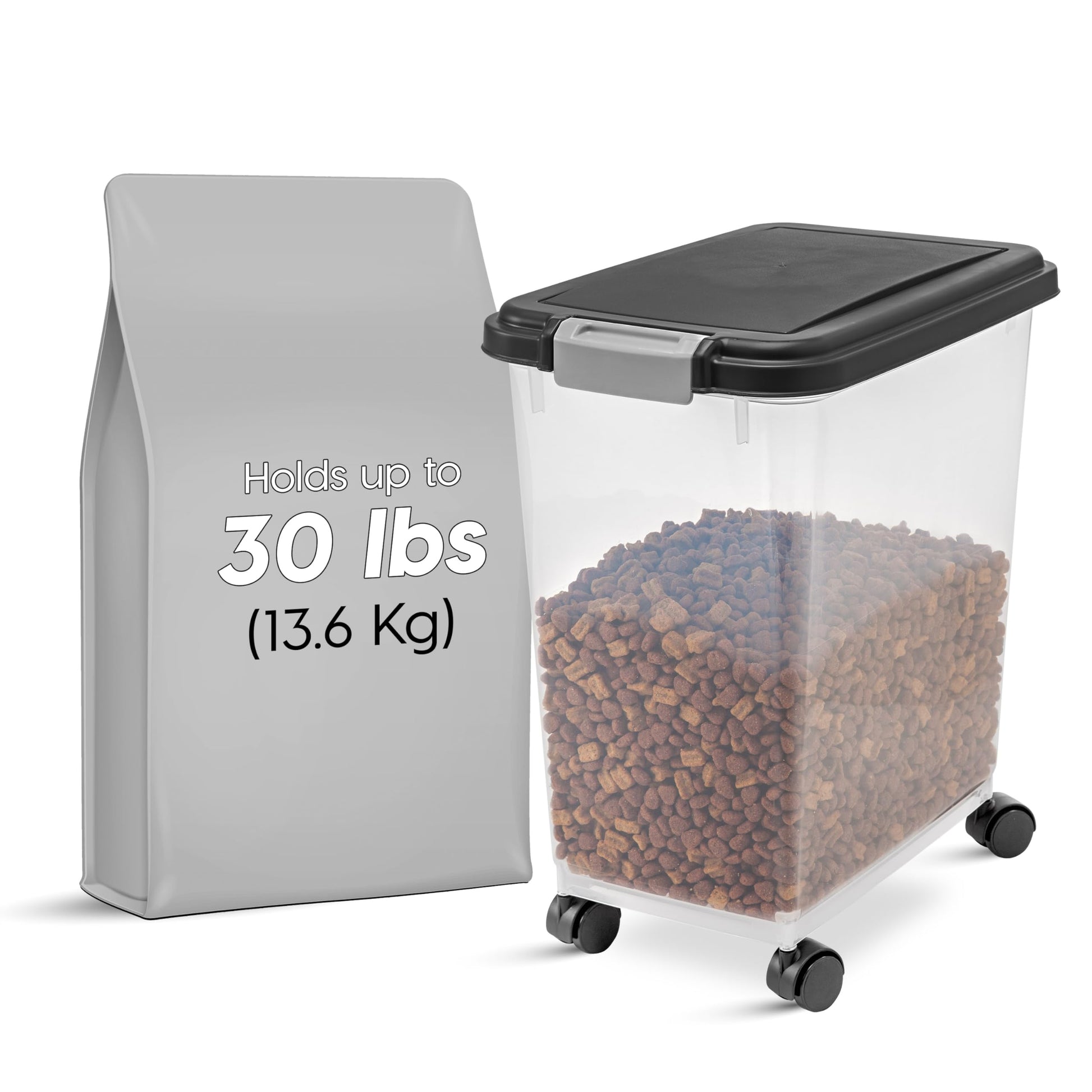 USA Airtight Pet Food Storage Container with Wheels Black, 30 lb Capacity
