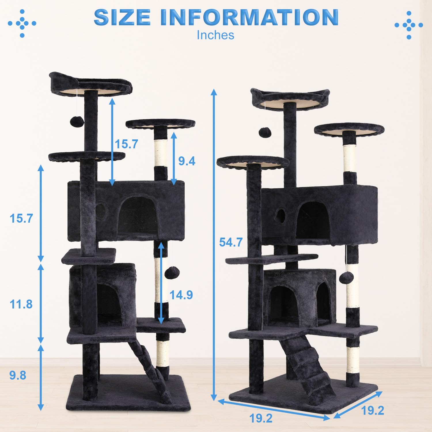 Cat Tree 54in Cat Tower Multi-Level Durable Cat Scratching Post