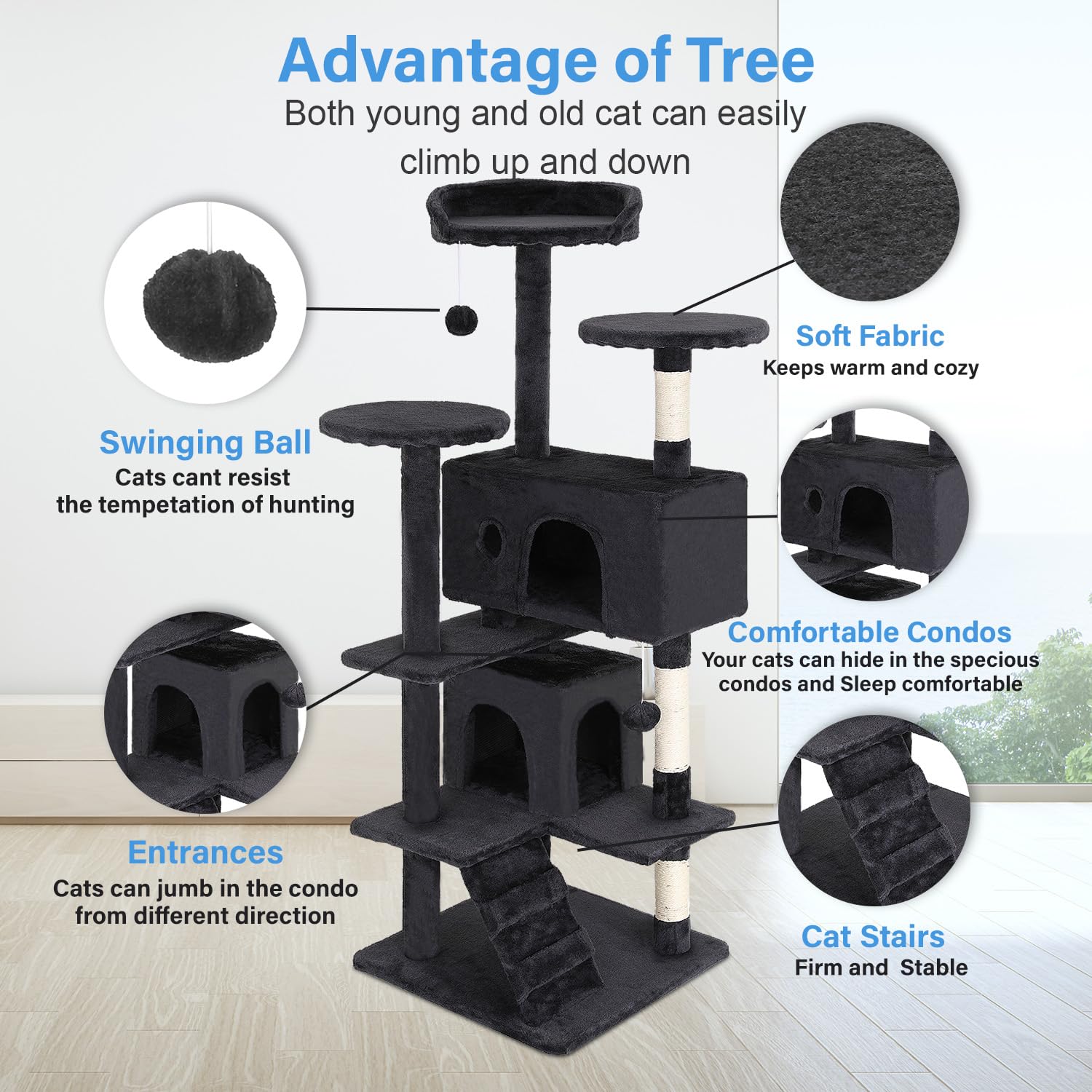 Cat Tree 54in Cat Tower Multi-Level Durable Cat Scratching Post