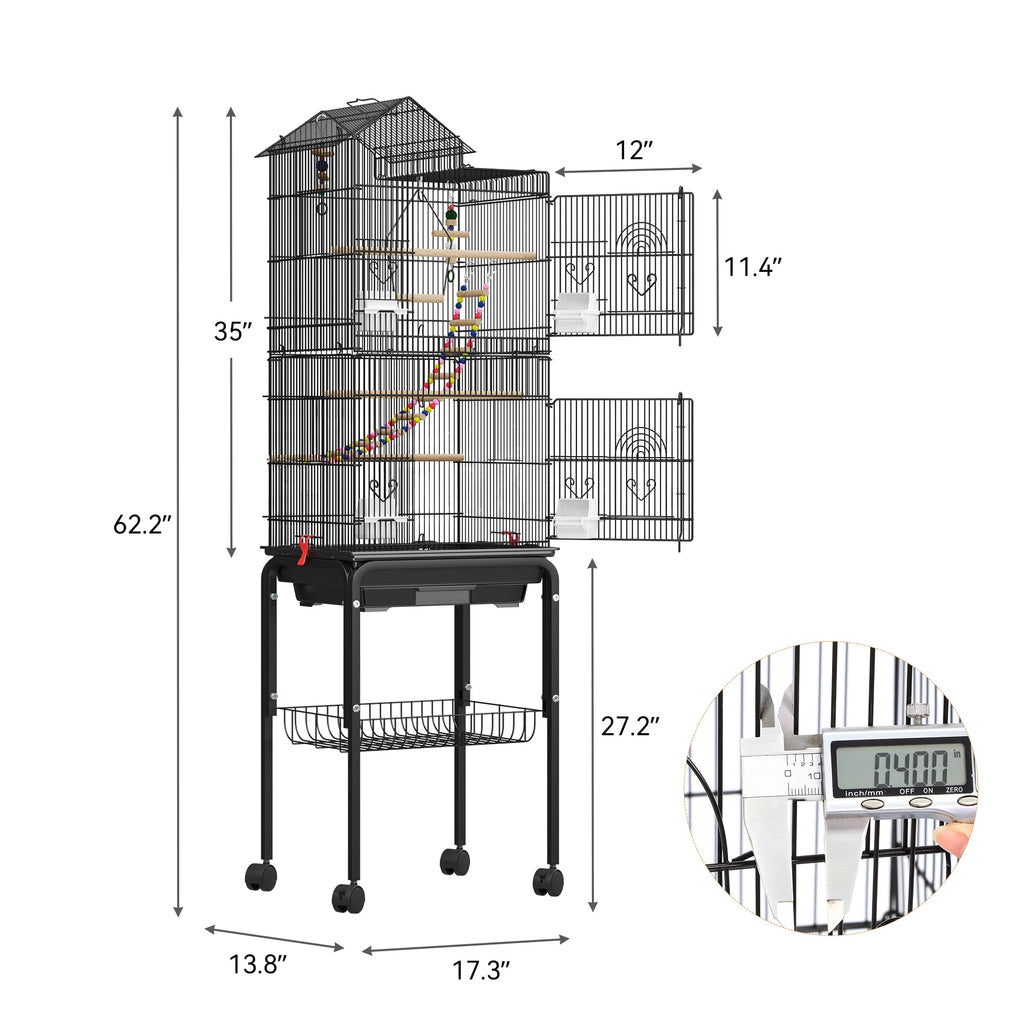 62 Inch Large Bird Cage - Metal Flight Cage with Rolling Stand