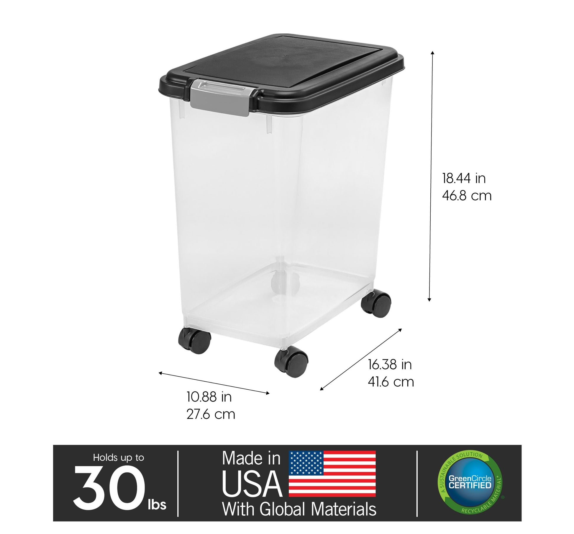 USA Airtight Pet Food Storage Container with Wheels Black, 30 lb Capacity