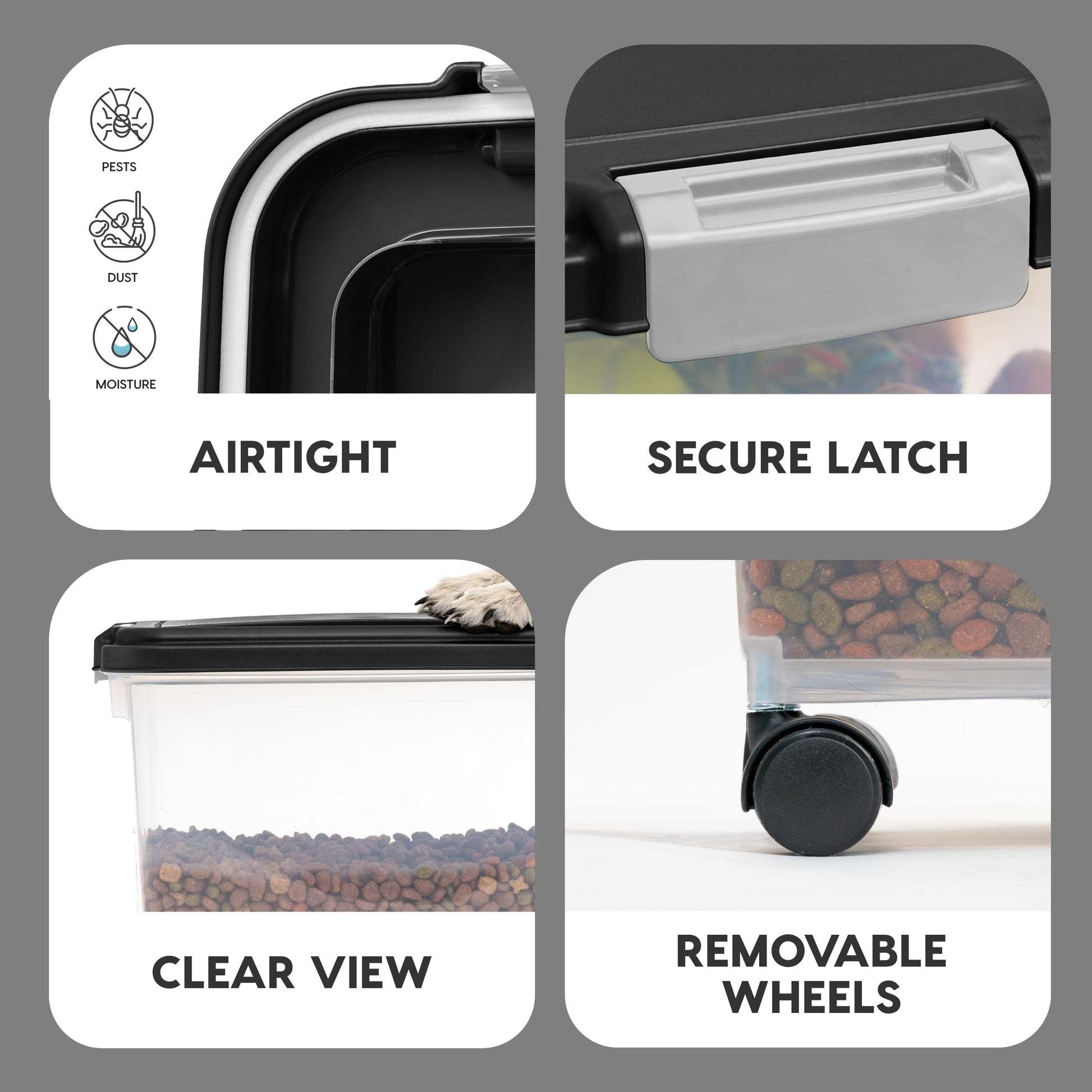 USA Airtight Pet Food Storage Container with Wheels Black, 30 lb Capacity