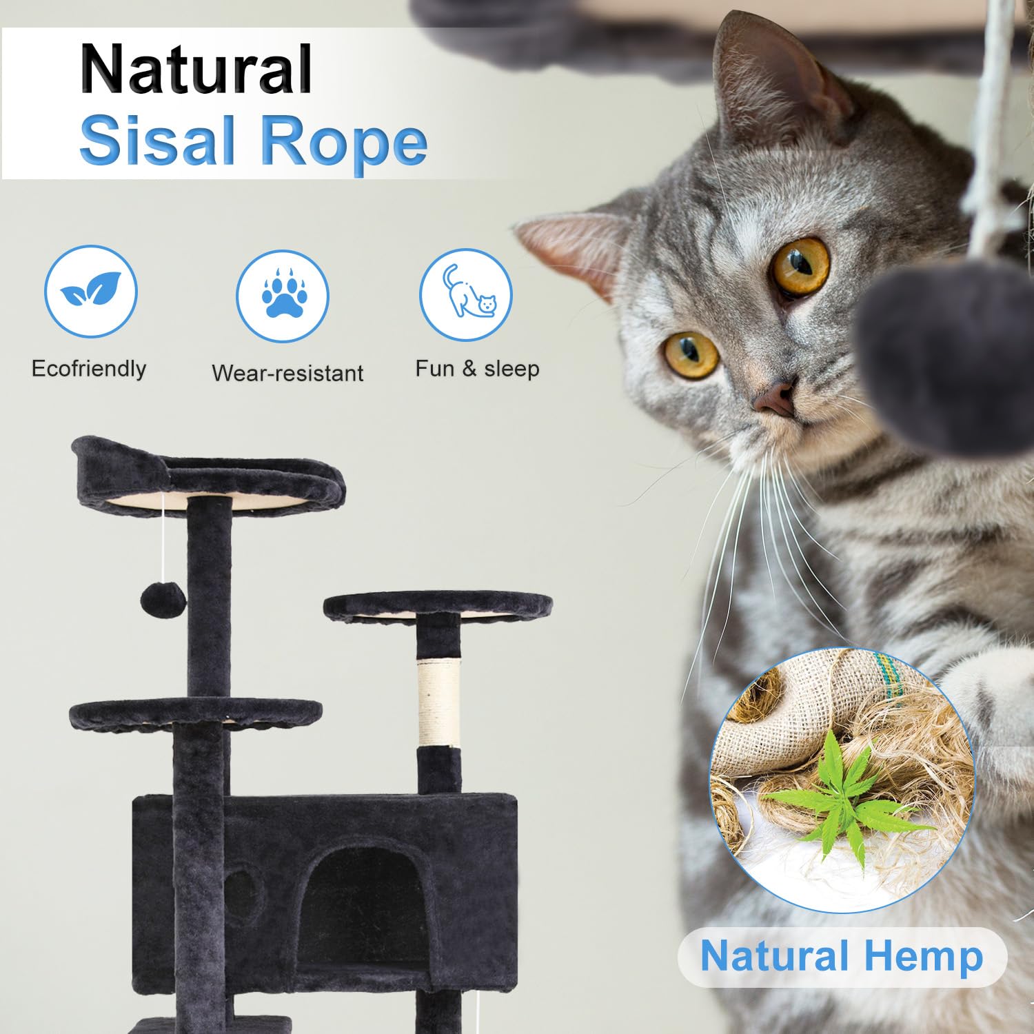 Cat Tree 54in Cat Tower Multi-Level Durable Cat Scratching Post