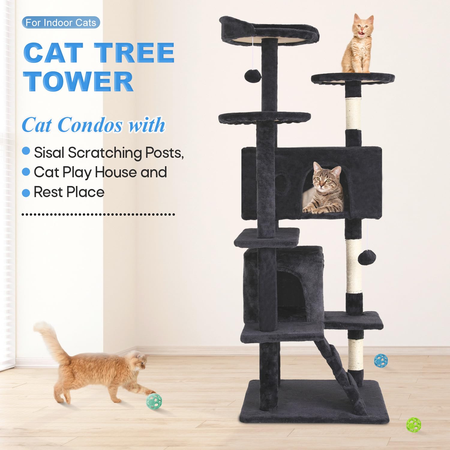 Cat Tree 54in Cat Tower Multi-Level Durable Cat Scratching Post
