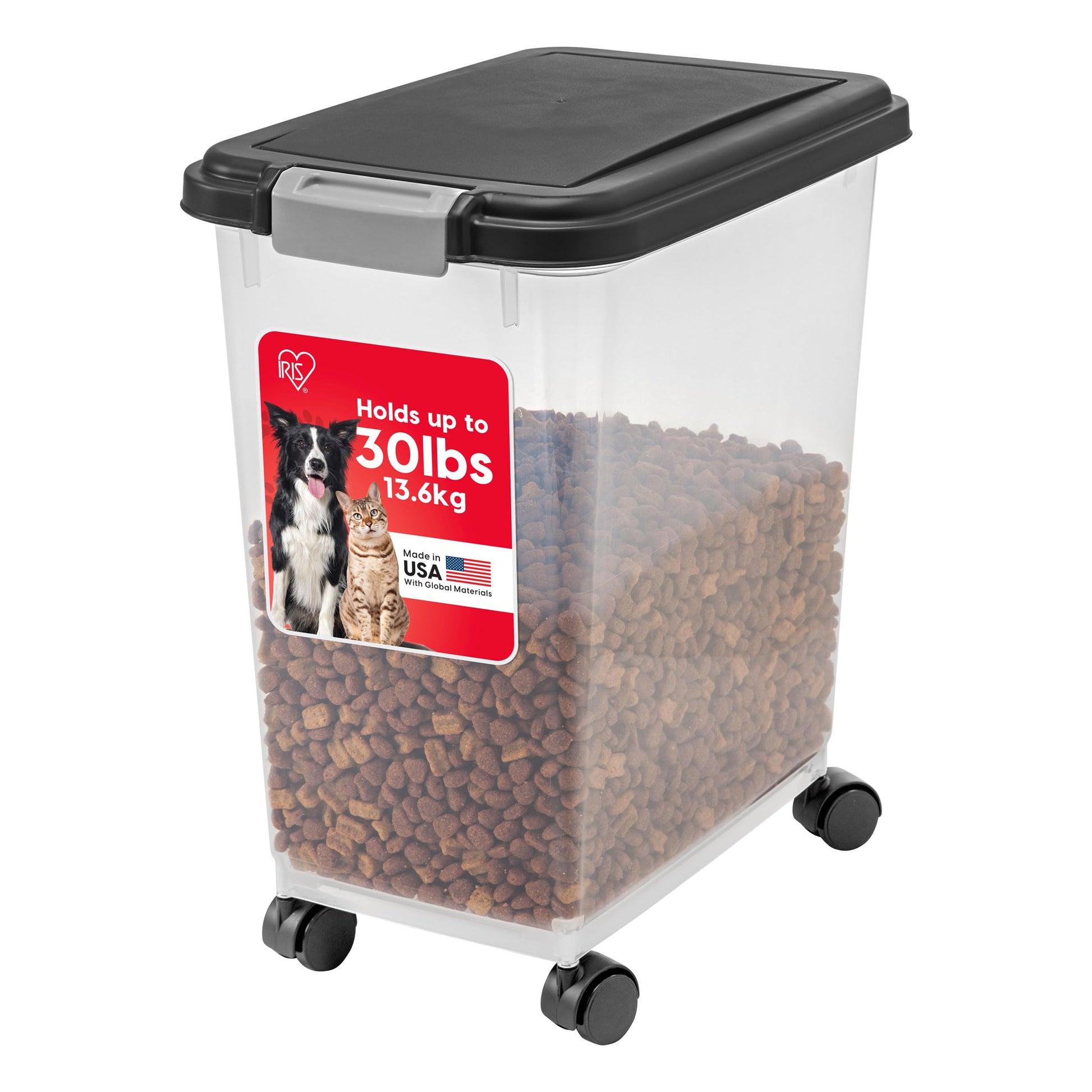 USA Airtight Pet Food Storage Container with Wheels Black, 30 lb Capacity