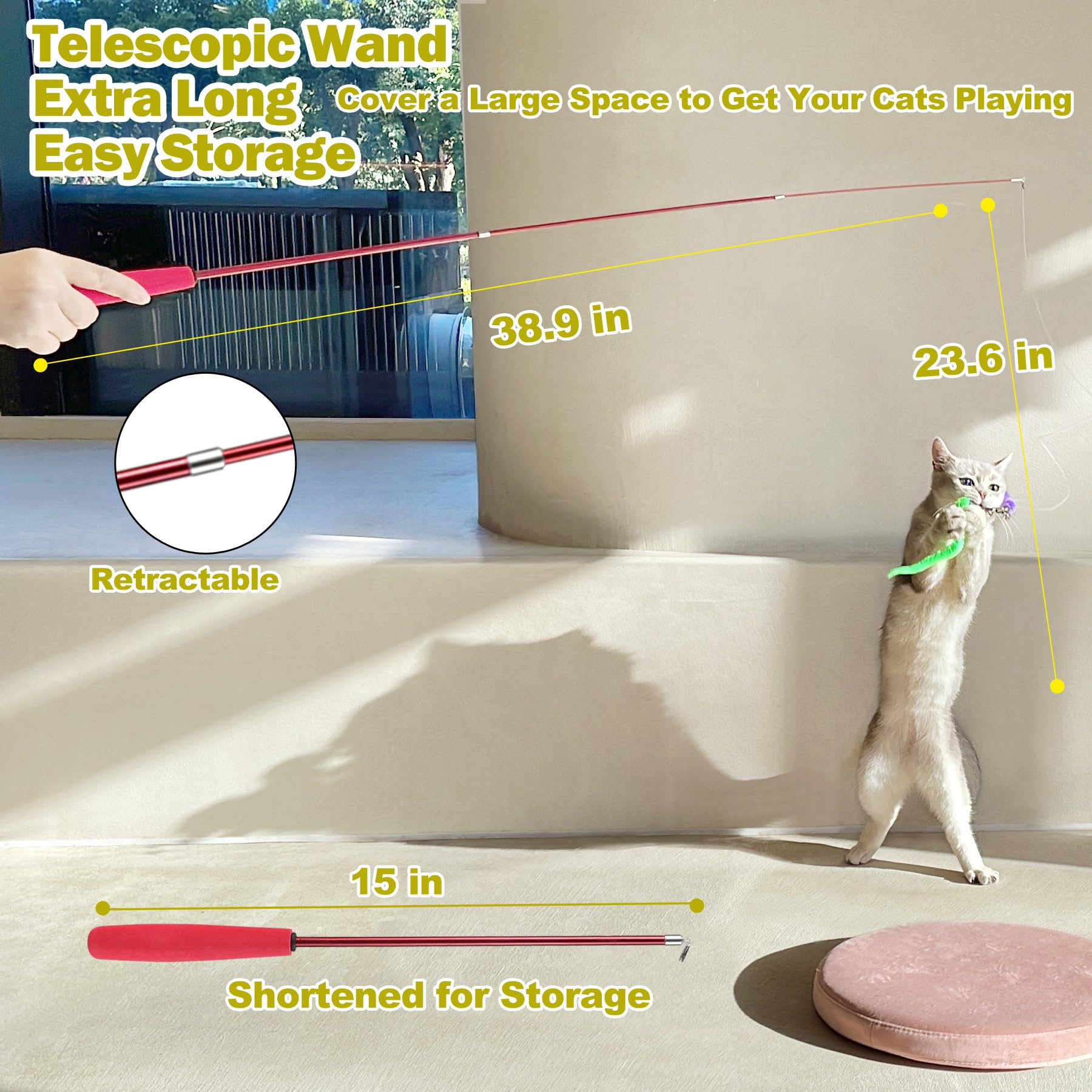 Interactive Cat Toys - Retractable Wand Toy and Feather Toys