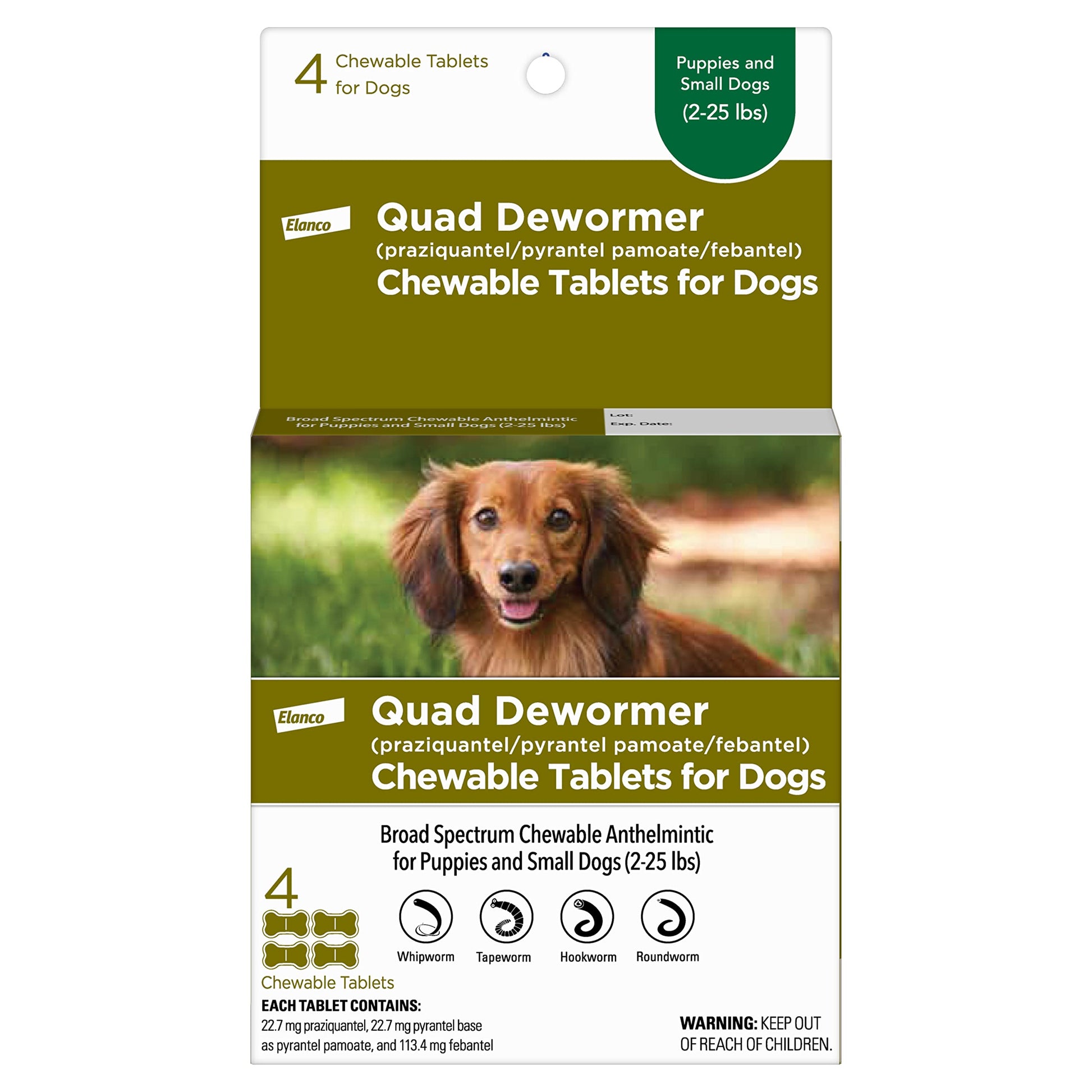 Chewable Quad Dewormer for Small Dogs, 2-25 lbs