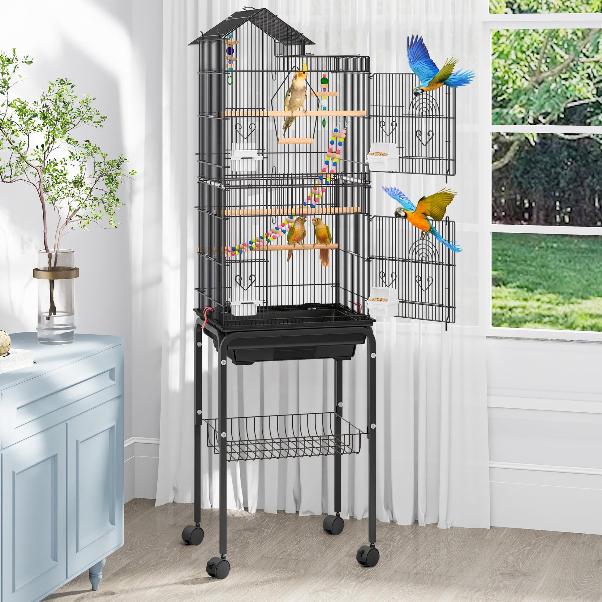62 Inch Large Bird Cage - Metal Flight Cage with Rolling Stand