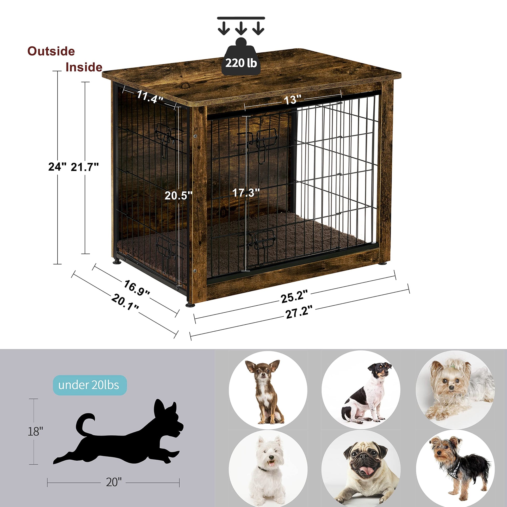 Dog Crate Furniture with Cushion, Wooden Kennel