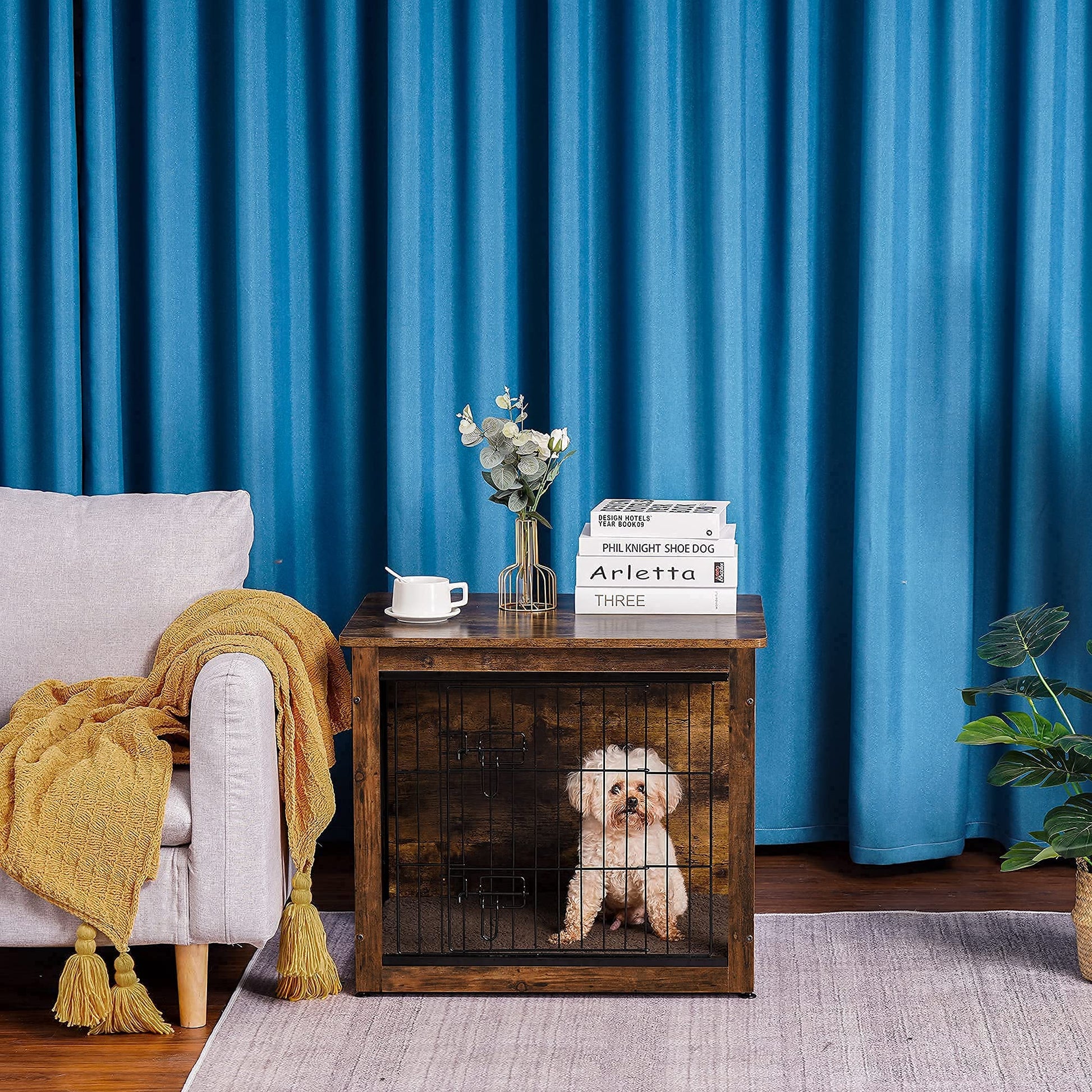 Dog Crate Furniture with Cushion, Wooden Kennel