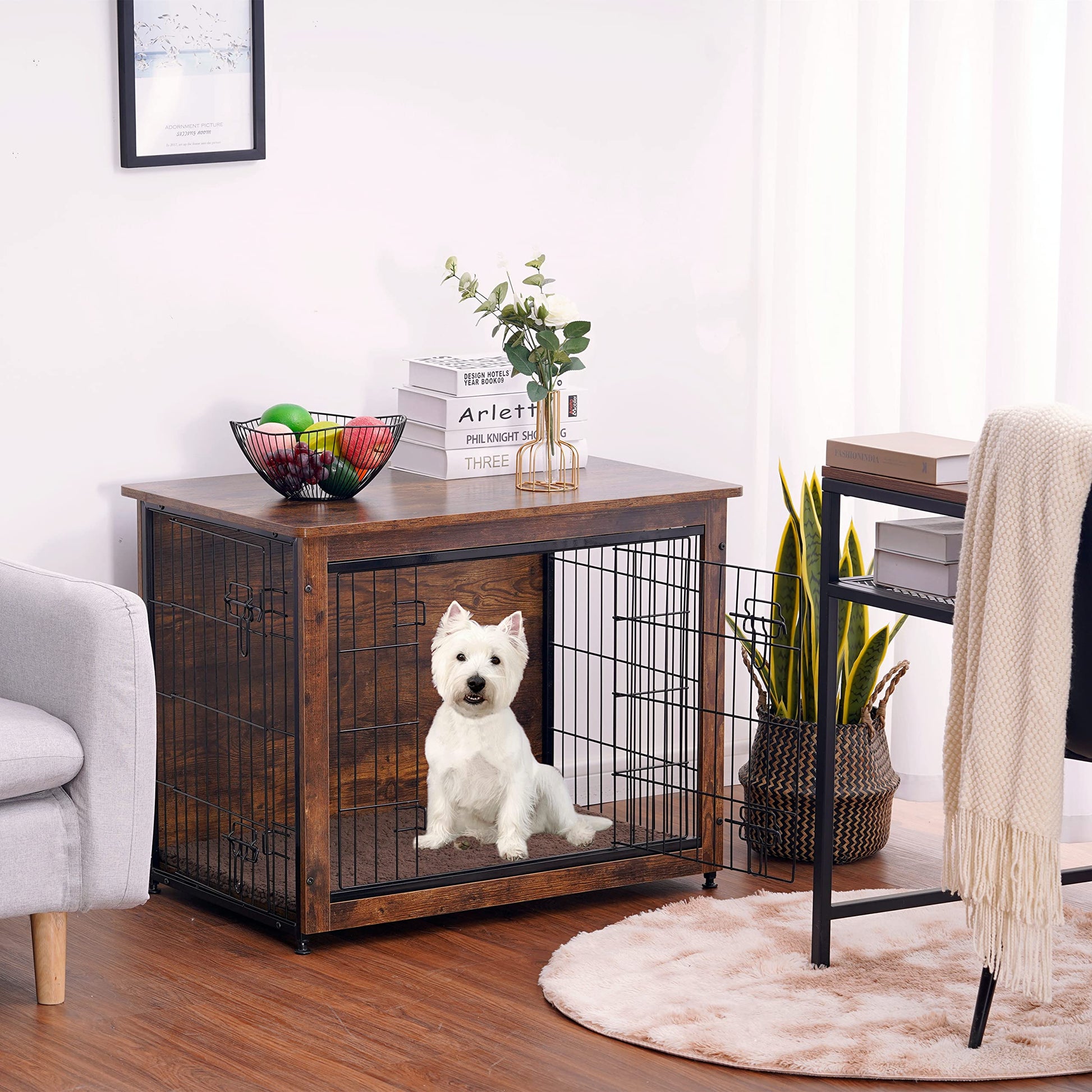Dog Crate Furniture with Cushion, Wooden Kennel